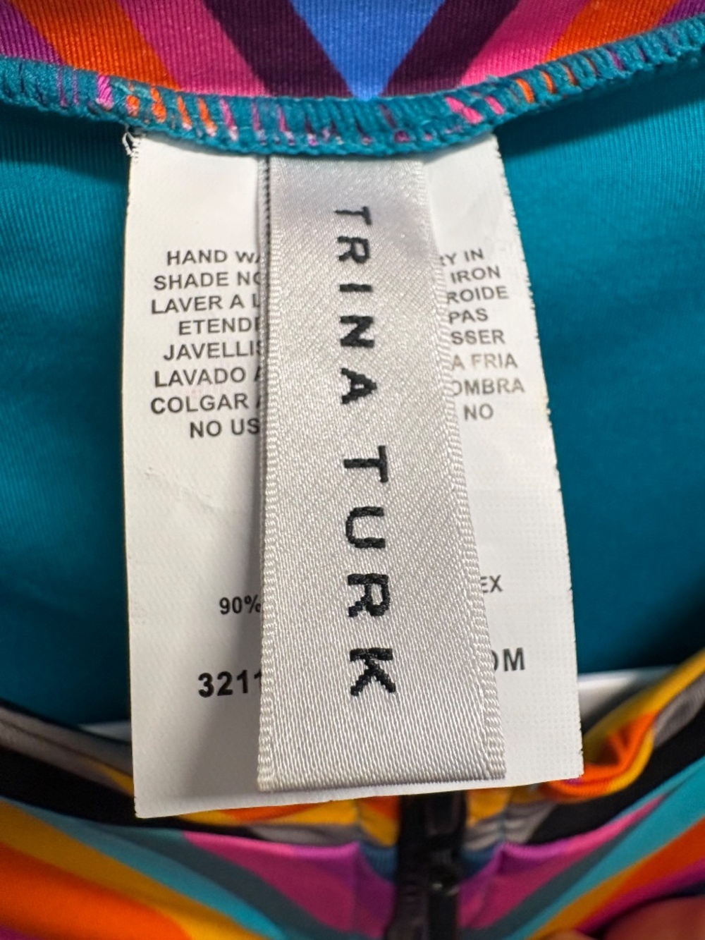 Trina Turk Louvre Printed Long Sleeve Swimsuit Pink Teal Crew Neck Medium - Picture 5 of 8